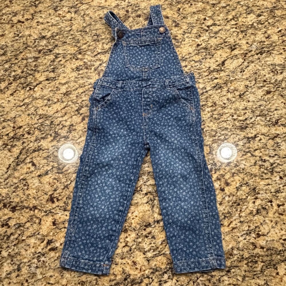 Old Navy Toddler Girls Blue Floral Denim Bib Overalls Size 3T Medium Wash Cotton
